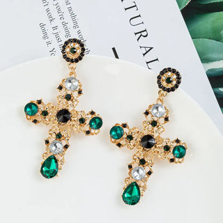 Vintage Black Pink Crystal Cross Drop Earrings  Baroque Bohemian Long Earrings Jewelry