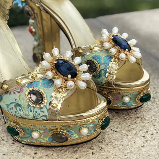 Luxury Platform Vintage Royal Sandals Crystal Embroidery High Heel Buckle Strap Rhinestone Wedding Shoe