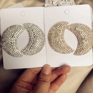 Gorgeous Bling Rhinestone Moon Charms Dangle Earrings Fashion Jewelry Lady's Fashion Show Collection Accessory
