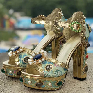 Luxury Platform Vintage Royal Sandals Crystal Embroidery High Heel Buckle Strap Rhinestone Wedding Shoe