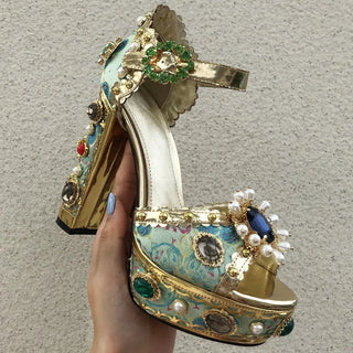 Luxury Platform Vintage Royal Sandals Crystal Embroidery High Heel Buckle Strap Rhinestone Wedding Shoe