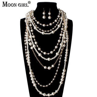 MOON Pearl Multi-layer Pearls Chain Long vintage Necklace Trendy Statement Choker Necklace Fashion Jewelry