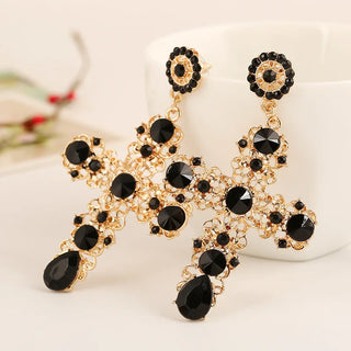Vintage Black Pink Crystal Cross Drop Earrings  Baroque Bohemian Long Earrings Jewelry