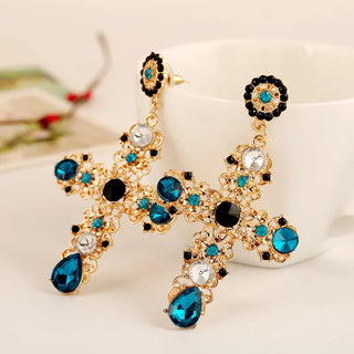 Vintage Black Pink Crystal Cross Drop Earrings  Baroque Bohemian Long Earrings Jewelry
