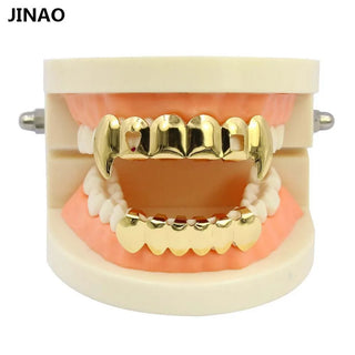 Gold Color Plated Hip Hop Teeth Grills Caps Hollow Heart Square Top & Bottom vampire teeth Grillz Set for Halloween Party