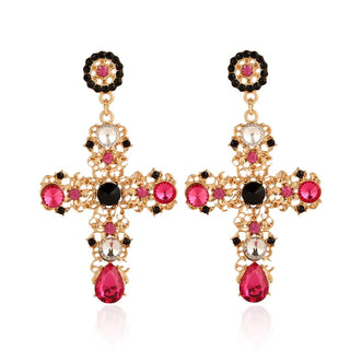 Vintage Black Pink Crystal Cross Drop Earrings  Baroque Bohemian Long Earrings Jewelry