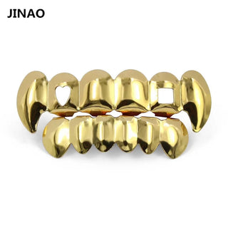 Gold Color Plated Hip Hop Teeth Grills Caps Hollow Heart Square Top & Bottom vampire teeth Grillz Set for Halloween Party