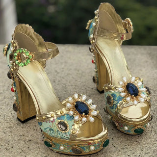 Luxury Platform Vintage Royal Sandals Crystal Embroidery High Heel Buckle Strap Rhinestone Wedding Shoe