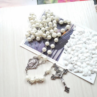 White Acrylic Pearl Long Catholic Necklace Cross Pendant Rosary Necklace Religious Jewelry
