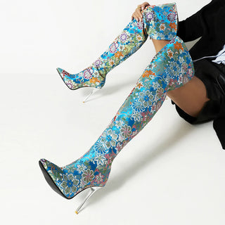 Western Embroidery Style Pointed Toe Over-The-Knee Women's Boots Ethnic Style Patterned Ultra-High Crystal Stiletto Long Boots