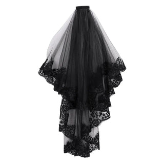 Black Lace Veil with Comb Women Mantilla Costume Cosplay Party Veils Hair Accessory Creative 2 Tier Tulle Sheer Veils Headwear