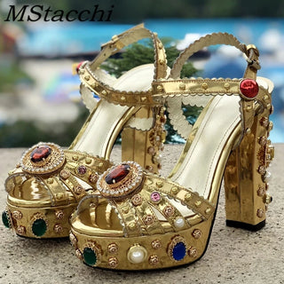 Luxury Platform Vintage Royal Sandals Crystal Embroidery High Heel Buckle Strap Rhinestone Wedding Shoe