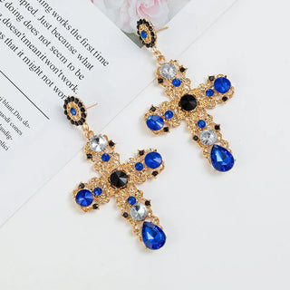 Vintage Black Pink Crystal Cross Drop Earrings  Baroque Bohemian Long Earrings Jewelry