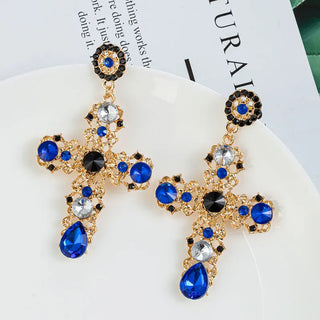 Vintage Black Pink Crystal Cross Drop Earrings  Baroque Bohemian Long Earrings Jewelry