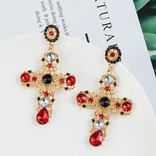 Vintage Black Pink Crystal Cross Drop Earrings  Baroque Bohemian Long Earrings Jewelry