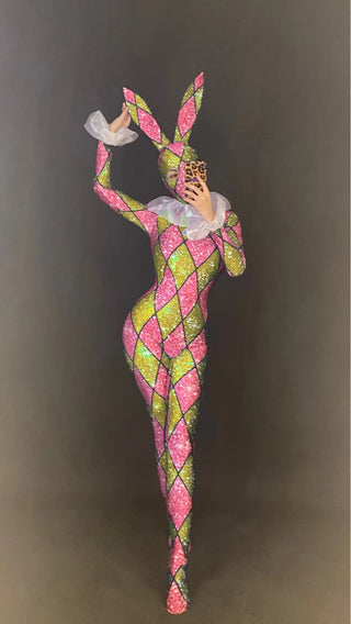 Halloween Designer Jumpsuit Bunny harlequin circus sideshow Cosplay Costume Collar Costume
