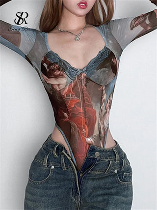 SINGREINY Fashion Gauze Print Bodysuits V Neck Lace Top Long Sleeve Playsuits