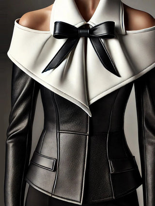 New Women's Shirt Black Off Shoulder Bow Decoration Black and White Leather Shirt Slim Square Neck Long Sleeve