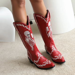 Skeleton Embroidered cowboy Mid Boots Pointed Toe Chunky Heel Plush Embroidered Slip-On Boots
