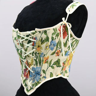 Corset Bustier Ovberbust Floral Beige Print Bodice Lace Up Front Boned Costume Shaping Tops Slimm Waist Tummy Contr