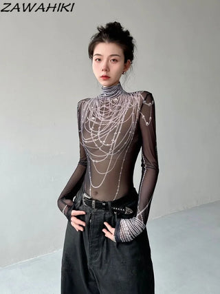 Graphic Long Sleeve T Shirts Women Gauze Transparent Slim Mesh Mock Neck Fashion Grunge Tops