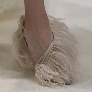 Vintage High Heeled Shoes For Woman's Feather Fur Thin Heels Pointed Toe Elastic Cord