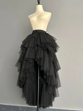 Sweet Lolita Double Layer Mesh Asymmetrical Ruffled Boho Skirts, Dance Stage Show, Beach Tulle Ball Gown Skirt