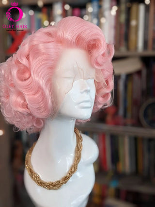 Platinum Blonde Monroe Cosplay Wig Synthetic 13x4 Lace Front Wig Heat Resistant Wavy Pink Short Drag Queen Wigs For  Women