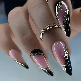 24Pcs Pink Almond False Nails Shiny Golden Ripples Stiletto Fake Nails Detachable Oval Full Cover Press on Nails Tips Manicure