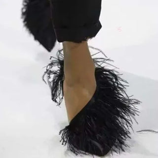 Vintage High Heeled Shoes For Woman's Feather Fur Thin Heels Pointed Toe Elastic Cord