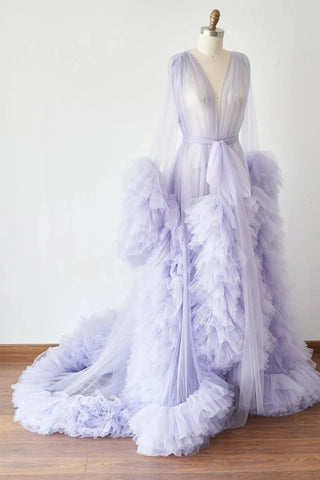 Custom luxury Dressing Gown Perspective Sheer Open Front Ruffle Tulle Long Puffy Robe old Hollywood Nightgown Dress