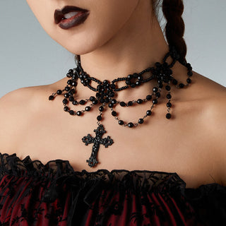 Gothic Multilayer Black Crystal Beads Chain Choker Necklace Vintage Big Cross Pendant Necklace Halloween Jewelry