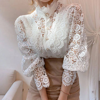 Apricot Lace Blouse Women Autumn Vintage Long Sleeve Pearl Button Flower Hollow Out Blusas See Through Mesh Shirt Camisas Elegantes