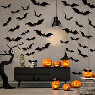 12Pcs/bag 3D Black Bat Wall Stickers Set Halloween Party Essentials for Home Room Decor Window Glass Art Decals Indoor Decor
