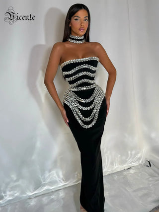 Black Strapless Long Dress Diamonds Embellished Bodycon Bandage Prom Celebrity Party Evening Gowns