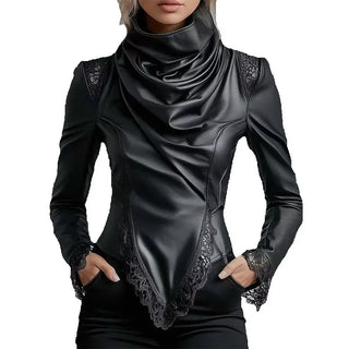 PU Leather High Neck Leather Lace Trim Long Sleeve Blouse Cinched Irregular Hem Solid T Shirt Spring Streetwear