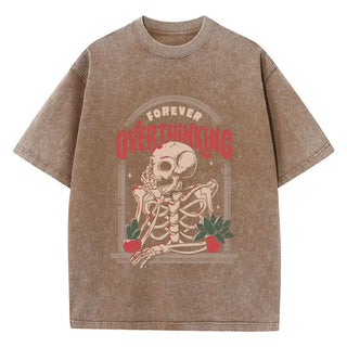 Skeleton Washed T-Shirts Cotton Halloween Printing Tops Oversize O-Neck Soft Short Sleeve Clothes