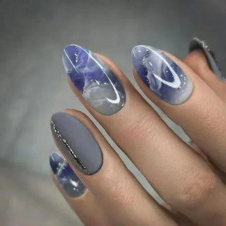 24Pcs Pink Almond False Nails Shiny Golden Ripples Stiletto Fake Nails Detachable Oval Full Cover Press on Nails Tips Manicure