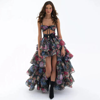 New princess suspender high low skirt, women's floral cake skirt