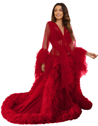 Custom luxury Dressing Gown Perspective Sheer Open Front Ruffle Tulle Long Puffy Robe old Hollywood Nightgown Dress