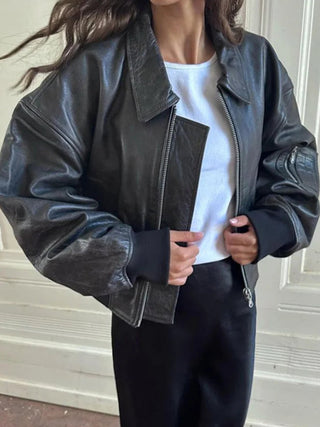 Street Short Leather Jacket Women Vintage Loose Lapel Long Sleeve Zipper Coat Spring Lady Locomotive High Street Outwear