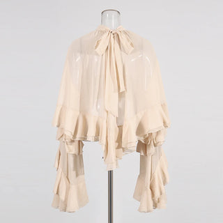 Whimsical Loose Sheer Blouse High Neck Long Sleeves Patchwork Ruffles Folds Elegant