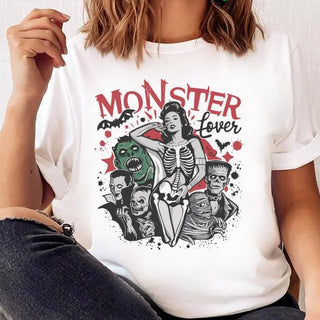 Vintage Halloween Monster Lover Printed T-Shirt Summer Fashion T-Shirt Casual Short Sleeved Clothing Top Loose T-Shirt