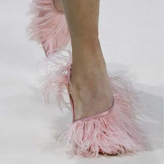 Vintage High Heeled Shoes For Woman's Feather Fur Thin Heels Pointed Toe Elastic Cord