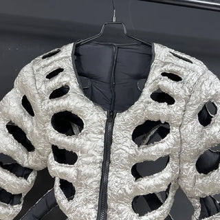 Padded Skeleton Jackets Round Collar Hollow Out Design Solid Color Loose Cotton Coat