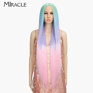 MIRACLE Synthetic Straight Lace Wig for Women Blonde Cosplay Wig Soft Long 38Inch Fiber Hair Lace Front WIg Heat Resistant