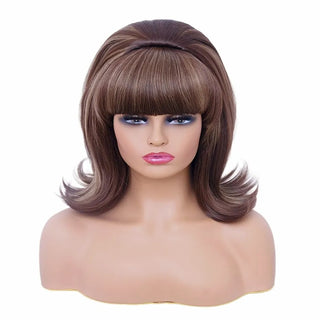 HAIRJOY Synthetic Hair Pink updo Wig 70s Pinup Pelucas 60s Beehive  Vintage Look Halloween Costume Women Curly Wig wtih Bang