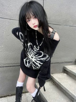 Goth Skull Print Skeleton Sweater Tops Black Pullover