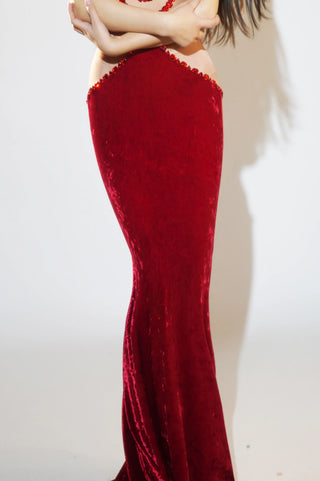Sparkly Sheer Elegant Illusion Rhinestone Red Velvet Ball Dress For Women Fishtail Gown Elegant Dress Party Evening Dress