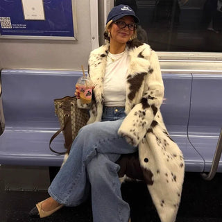 Cow print faux fur long coat